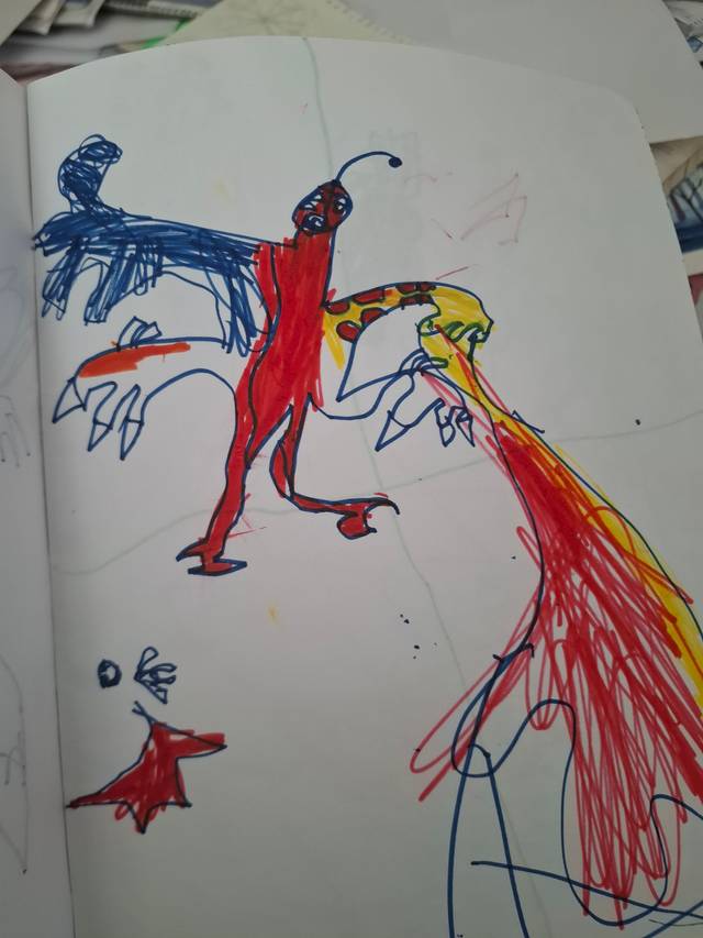 Sketchbook page of loose red, blue and yellow ballpoint scribbles forming a running figure with a spray of colored lines.