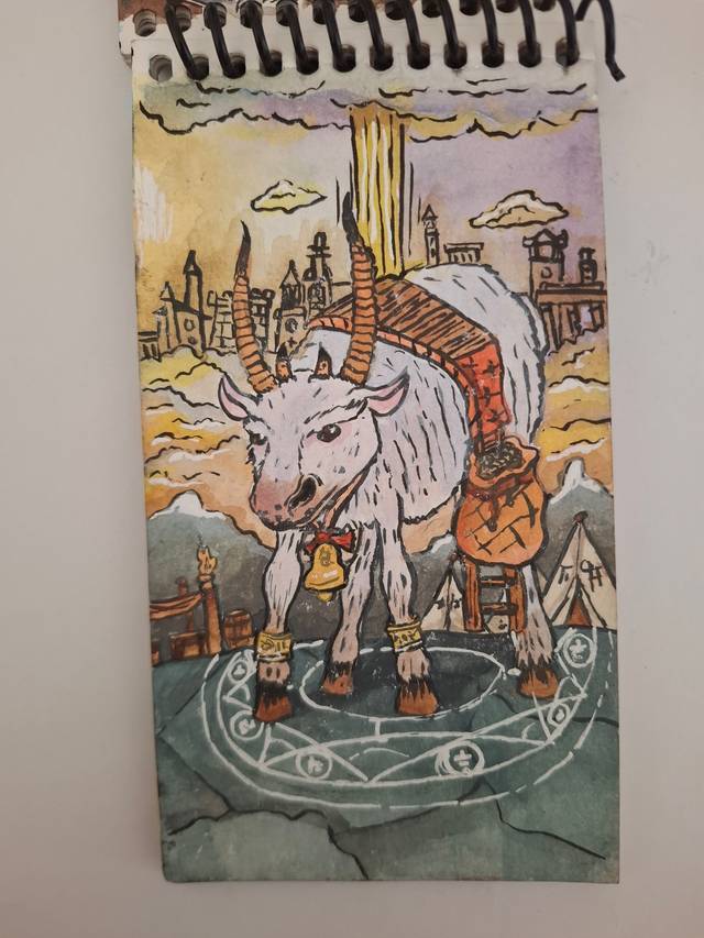 Watercolor and ink scene of a white horned goat with a bell standing on a chalk circle in front of a village skyline, in warm yellows and blues.