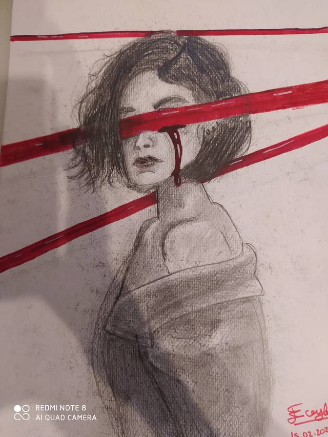 Charcoal portrait of a short-haired woman with a bare shoulder, her eyes covered by red stripes crossing the page.