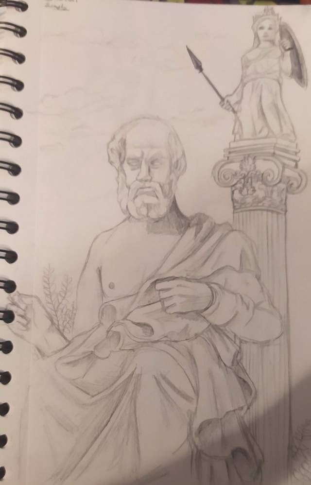 Graphite sketch of a bearded philosopher in robes beside a column topped by a statue holding a spear, in a spiral sketchbook.