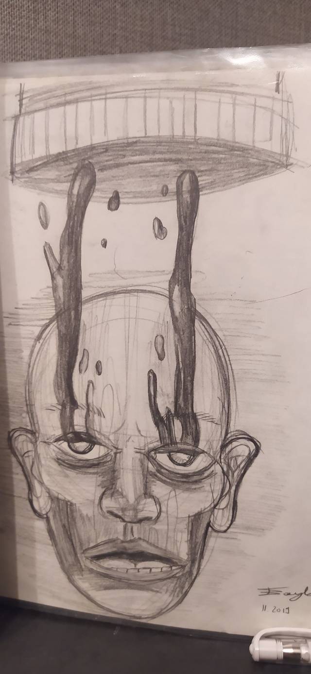 Graphite drawing of a bald head with dark liquid dripping onto it from a ring above, on white paper.