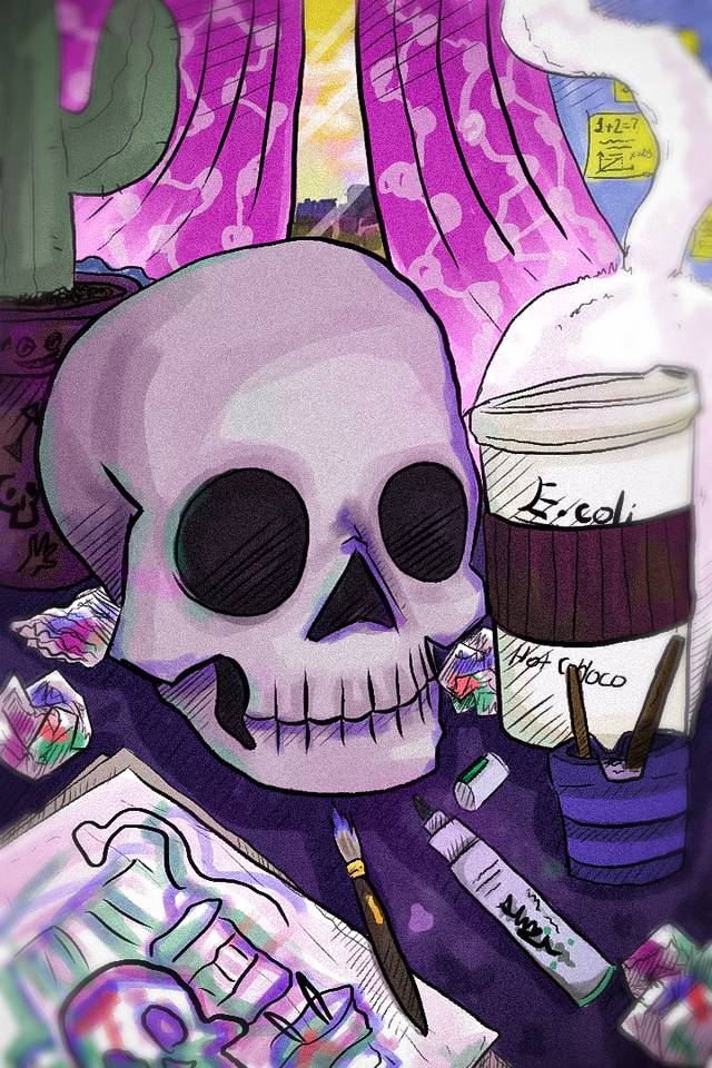 Illustration of a purple skull on a desk among coffee cups, paint tubes and brushes, in vivid purples and pinks.