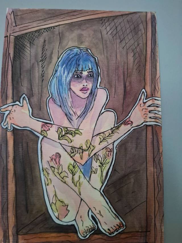 Ink and watercolor illustration of a blue-haired woman crouching inside a wooden frame, her arms and legs covered in floral tattoos, in browns, blues and greens.