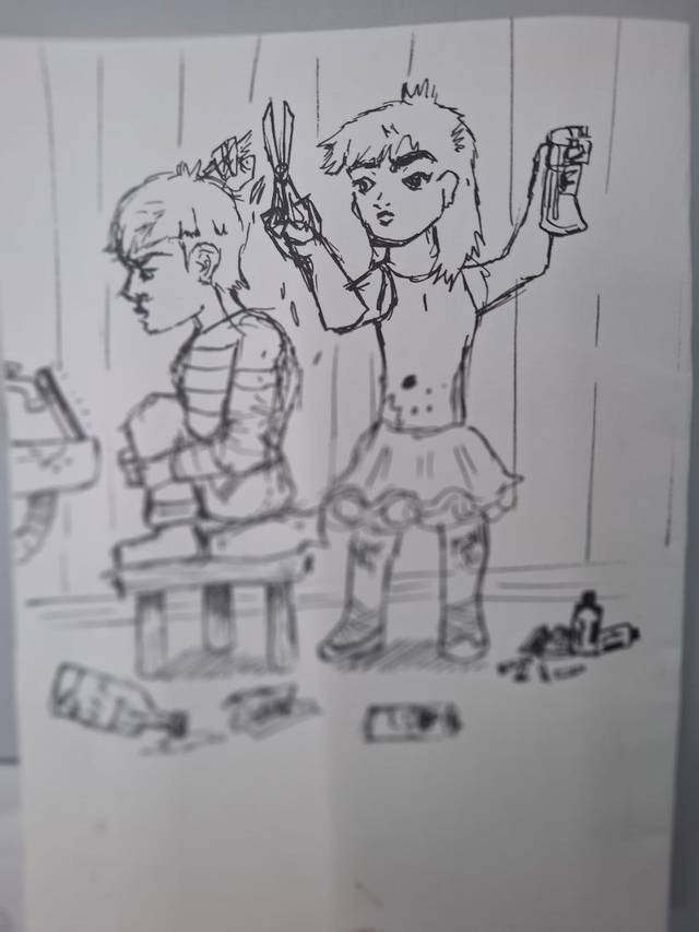 Black ink drawing of a girl in a tutu holding scissors and a spray can behind a seated boy, with bottles scattered on the floor.