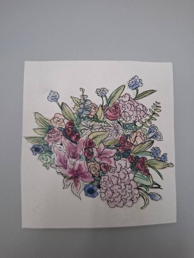 Watercolor and ink bouquet of roses, hydrangeas, lilies and greenery in pinks, blues and mauves on a small white sheet.