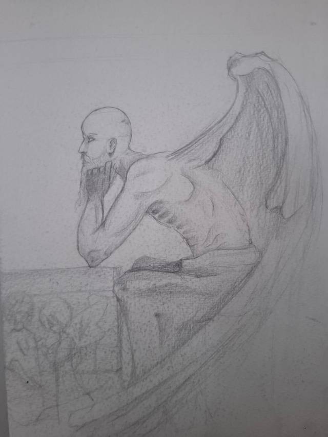 Graphite drawing of a bald, bearded man leaning forward on a ledge with a large bat-like wing rising behind him.