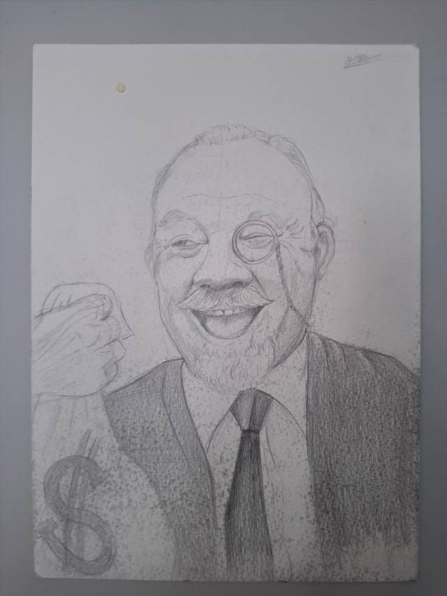 Graphite portrait of a smiling older man with a monocle, moustache and tie, holding a bag marked with a dollar sign.
