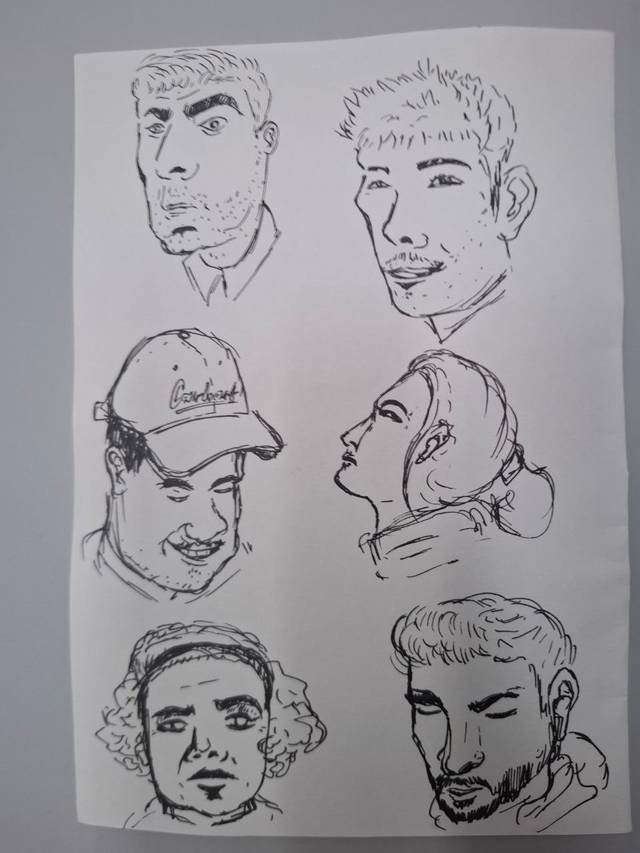 Ink sketch sheet of six heads: bearded men, a man in a cap and a woman in profile, on white paper.