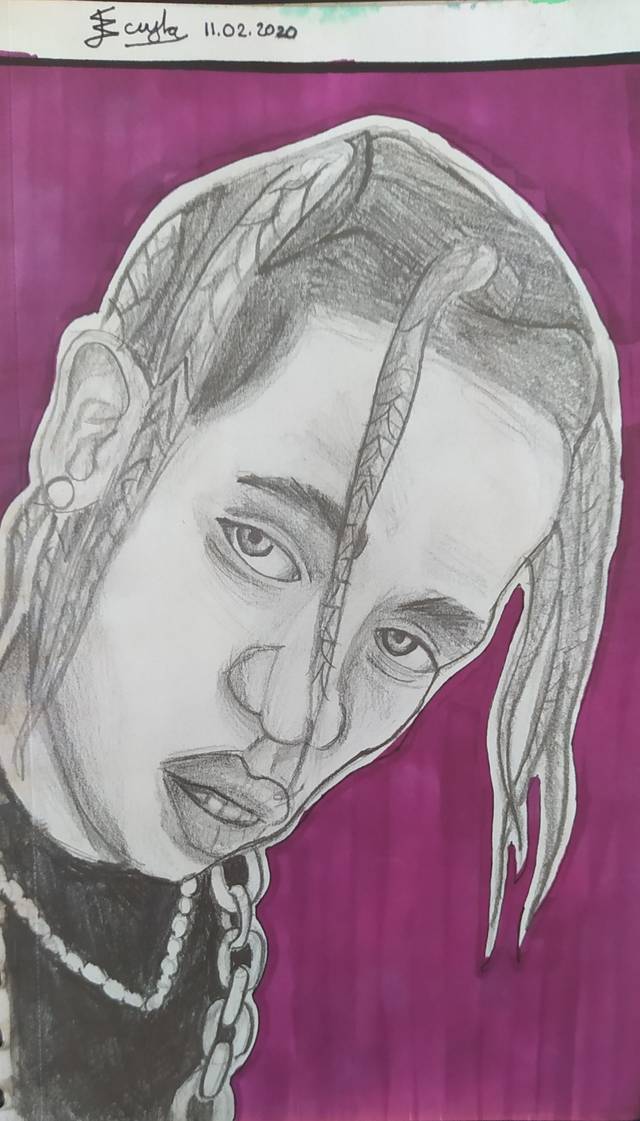 Graphite portrait of a young man with braided hair and a chain necklace on a magenta marker background.