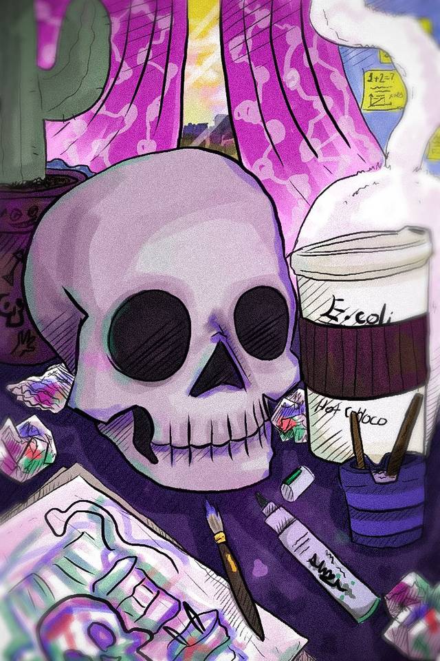 Illustration of a purple skull on a desk among coffee cups, paint tubes and brushes, in vivid purples and magentas.